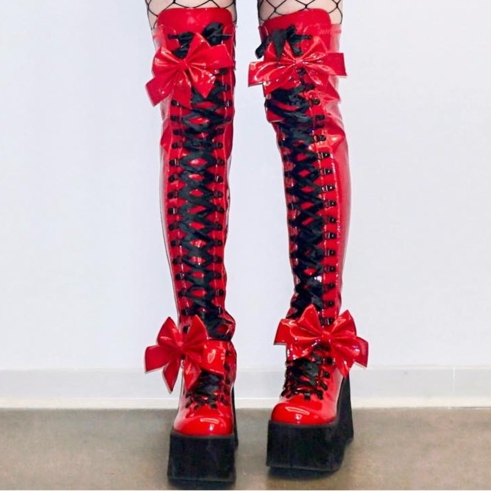 Red latex knee high demonic platform boots